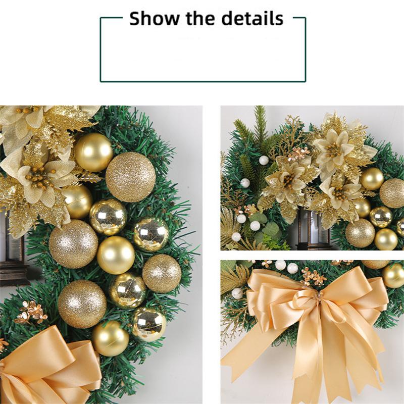 Christmas Wreath Front Door Decoration Golden Christmas Ball Pine Needle Wreath 2024 Christmas Garland Ornament