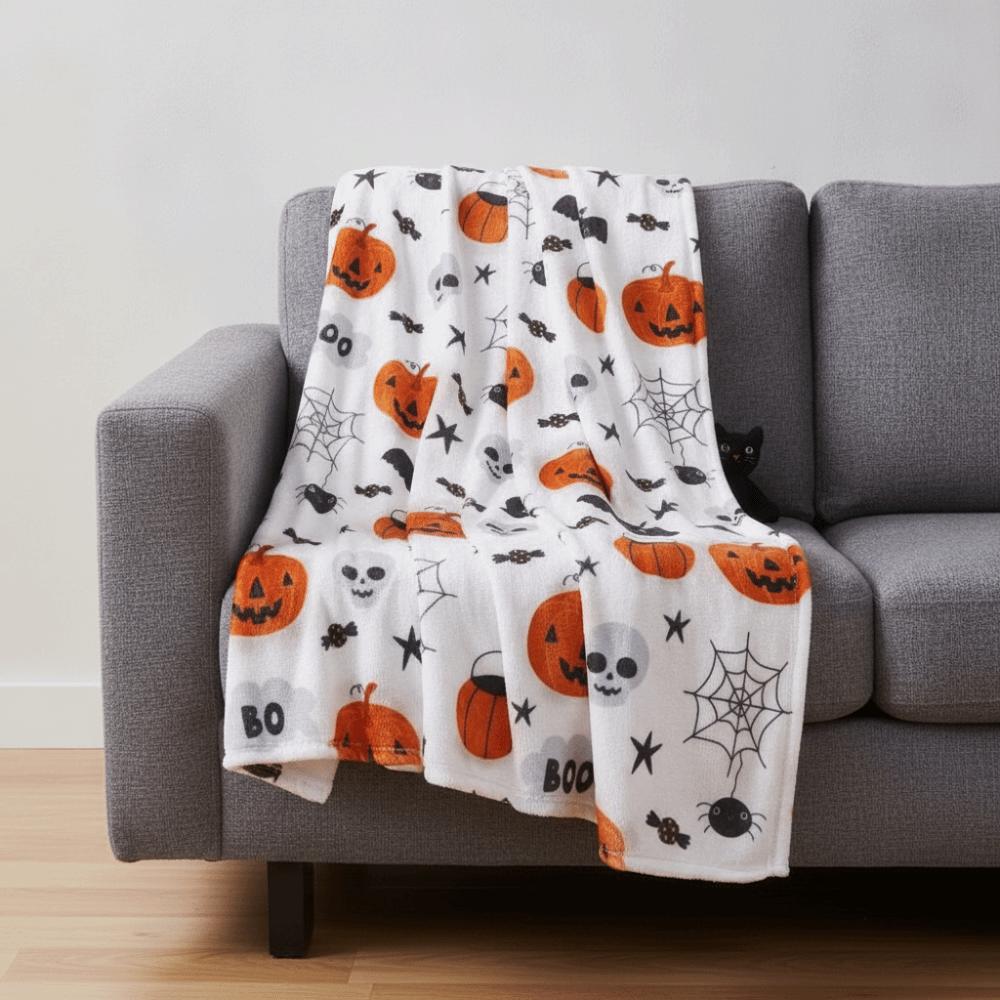 Soft Office Nap Blanket Bat Ghost Print Sofa Throw Blanket Cozy Halloween Flannel Blanket Bed Room