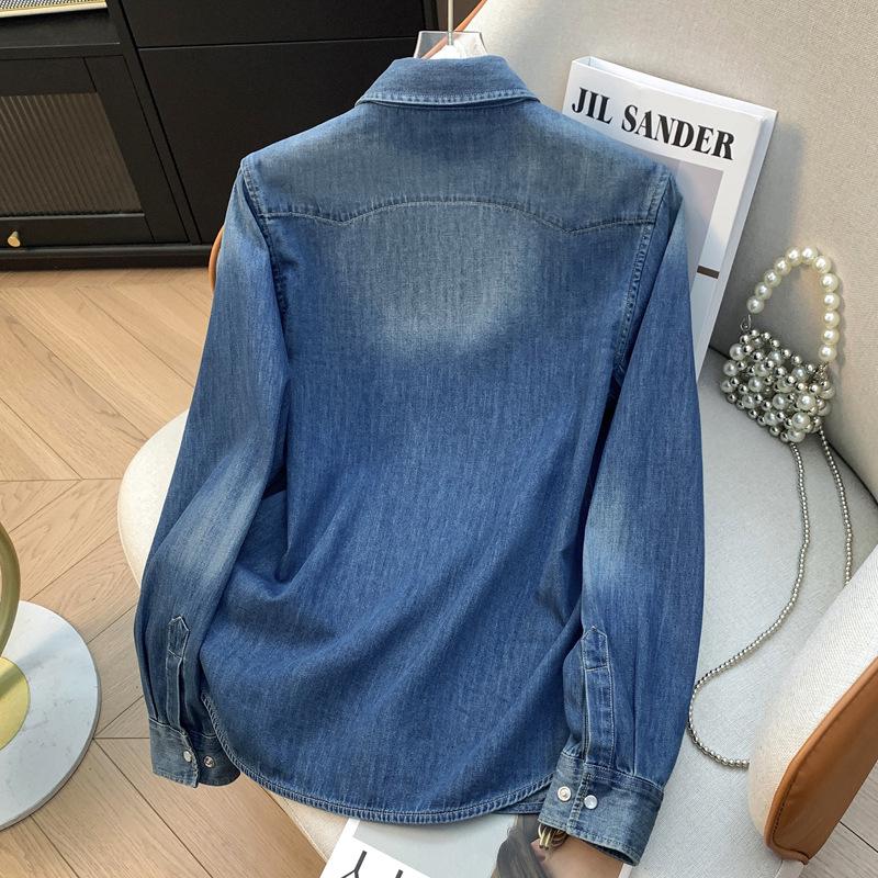 Women's Distressed Washed Denim Shirt - Long Sleeve, Versatile Base Layer for Spring