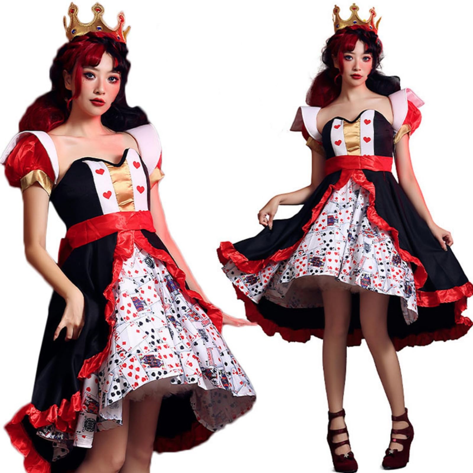 [JUNDOMECY] Queen of Hearts Cosplay Adult Set: Queen Dress, Crown, Halloween Costume, Queen Outfit, Red Hearts, Playing Cards, Cute, Sexy, Plus Size,