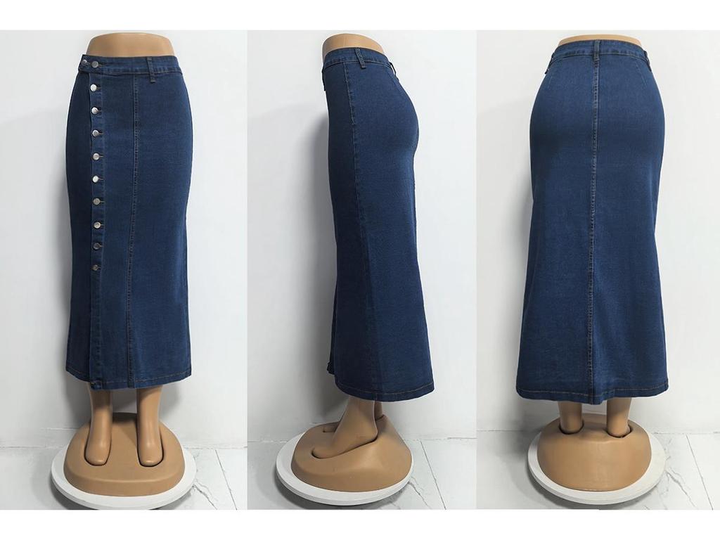 High Waist Sexy Slim Fit Denim Skirt with Button Slit for Women