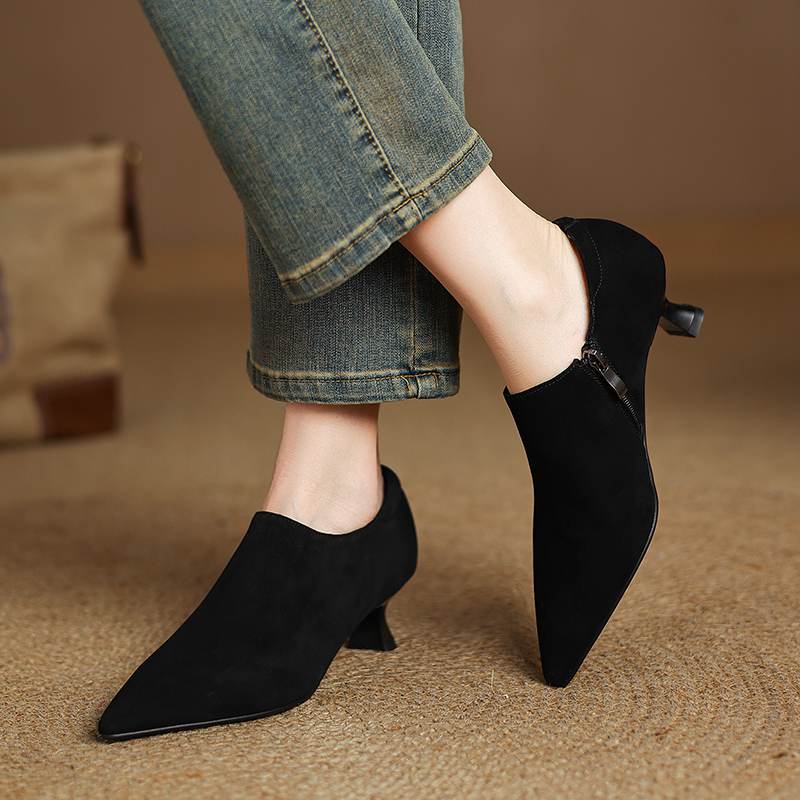 Krazing Pot Sheep Suede Autumn Winter Shoes Stiletto Med Heels Size 43 Size 42 Pointed Toe Concise Style Deep Mouth Pumps