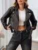 Women Fashion Short Faux Leather Jacket Lady Moto Biker PU Leather Coat Female Retro Lapel Outwear with Belt