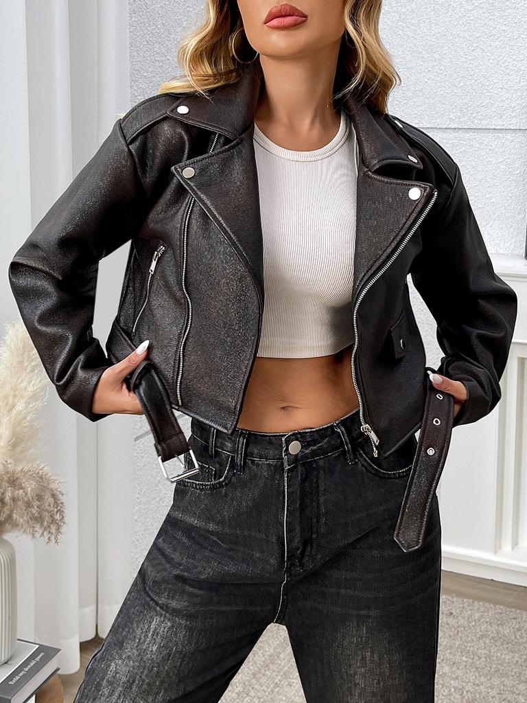 Women Fashion Short Faux Leather Jacket Lady Moto Biker PU Leather Coat Female Retro Lapel Outwear with Belt