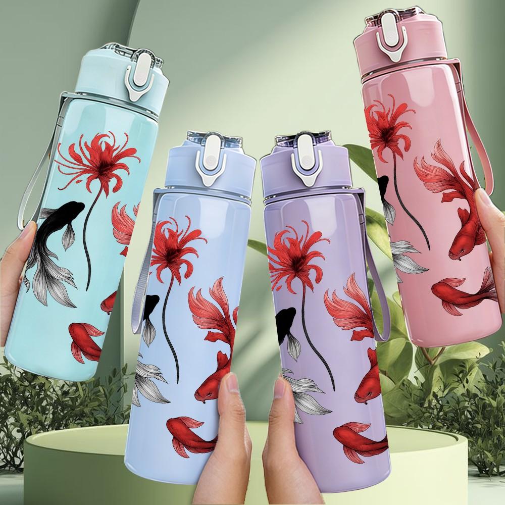 1PC Red Koi Fish And Lotus Art 750ml Color Plastic Sports Water Bottle Leakproof Flip Straw Lid Suitable for Sports Office Home Use