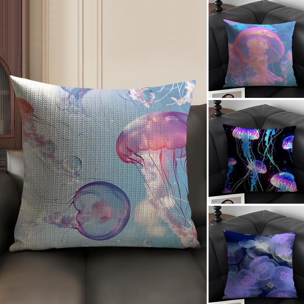 Jellyfish Fashion Cushion Cover Natural Linen Organic Fabric DoubleSided Printing Sofa Home Decor Gift Pillow Case