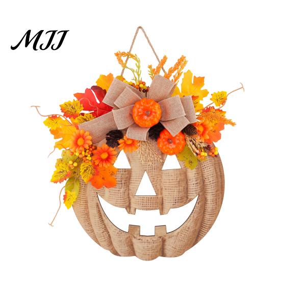 Warm LED Fall Lighted Wreaths Wooden Pumpkin Halloween Door Sign with Lights, Artificial Floral Hanging Illuminated Garland Lights Ornament for Window