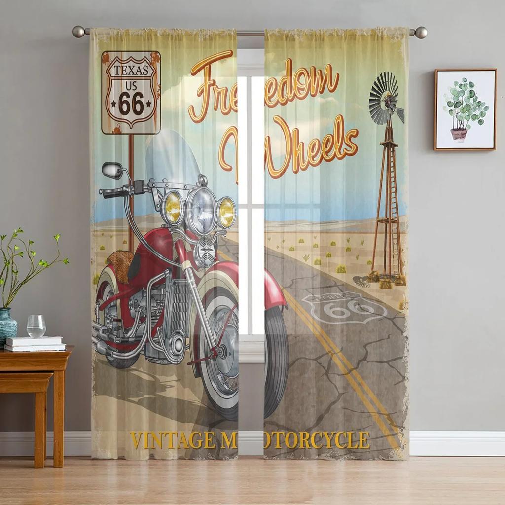 Cortinas Traslúcidas Vintage de Motocicleta para Ventana de Sala de Estar, Cortinas de Tul para Dormitorio, Cocina, Decoración del Hogar, Cortinas Voile