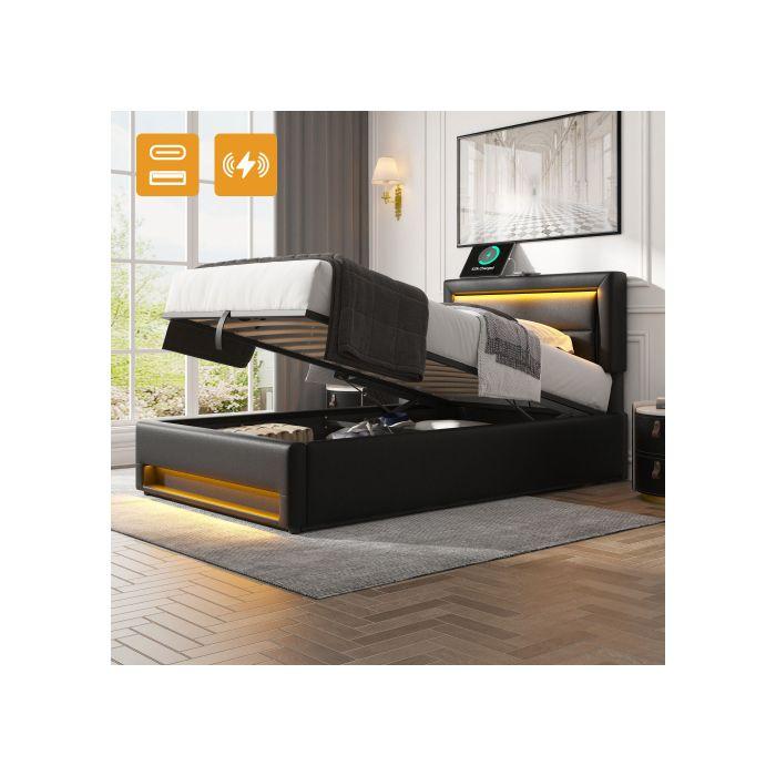 Letto imbottito 90x190 cm - Nero - Porta USB - Illuminazione LED - Contenitore integrato