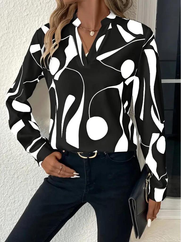 Women's Printed Cut-out Collar Casual Long Sleeve Shirt