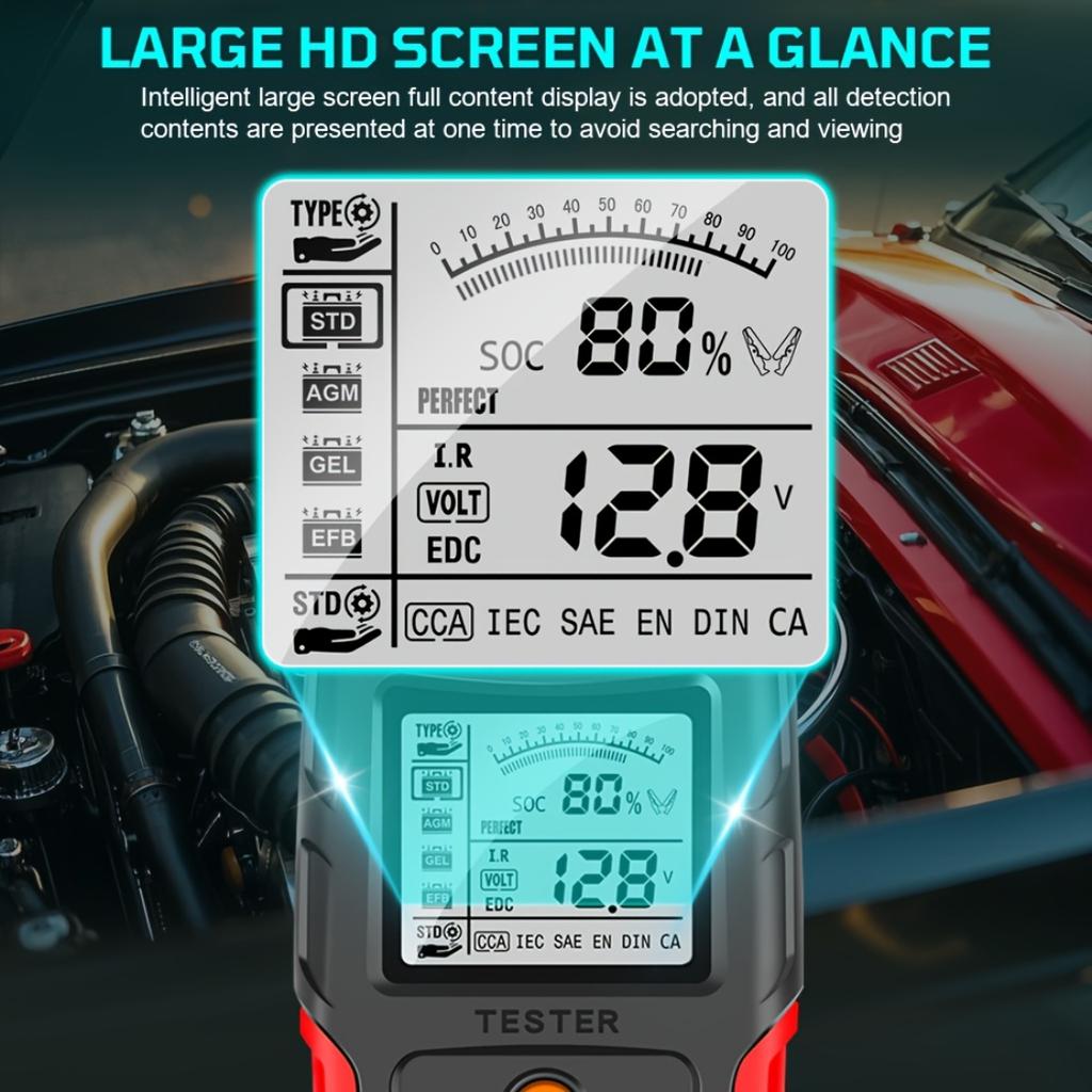 Auto- und Motorrad-Batterietester, 12V 24V Digitaler Analyzer, Misst SOH, SOC, CCA und IR, Batterietestwerkzeug für Auto, LKW und Motorrad