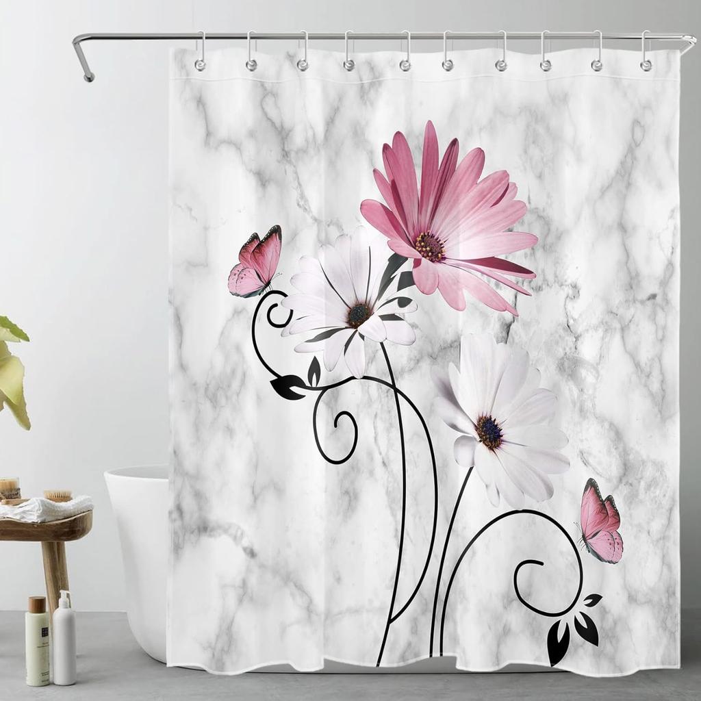 Pink Flowers Vintage Daisy Floral Butterfly Shower Curtains Abstract Farmhouse Decorative Bath Curtain Washable Bathroom Decor
