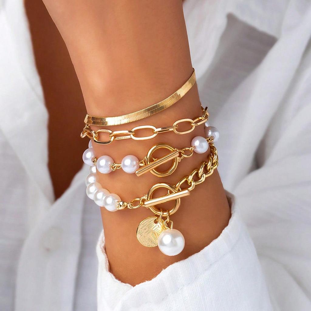 Multi-layer Pearl Portrait Bracelet Set with OT Buckle & Cross Chain for Women