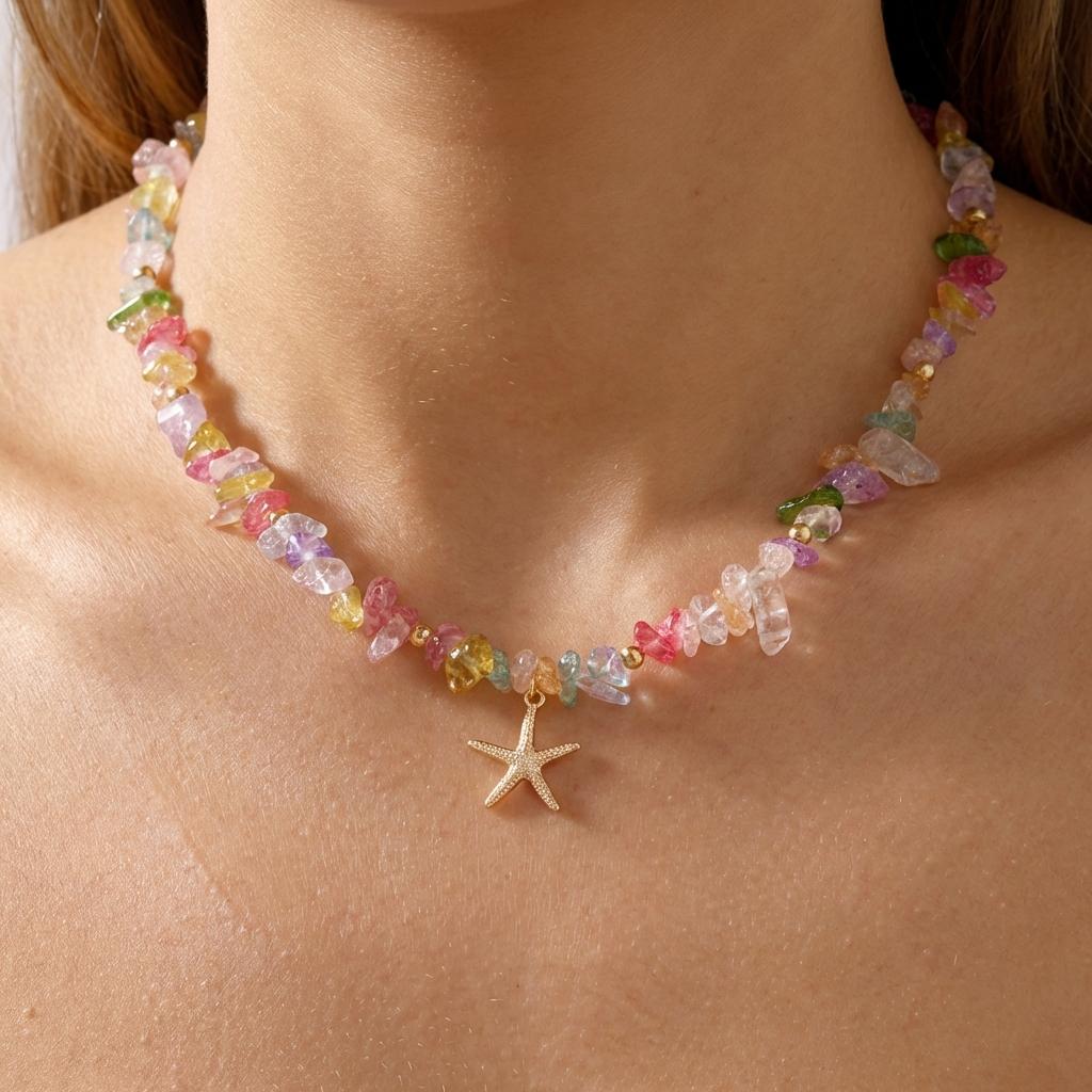 

Natural Stone Starfish Beaded Crushed Stone Necklace Bohemian Style Beach Vacation Accessory Personality Fashion Versatile