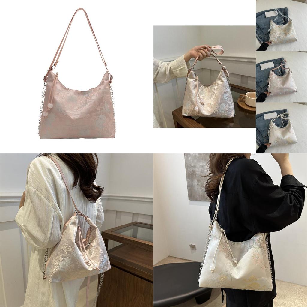 Stylish New Chinese Style Tote Bag For Women Featuring Beautiful Embroidery And Comfortable Shoulder Strap In Soft Beige Blue And Pink Colors