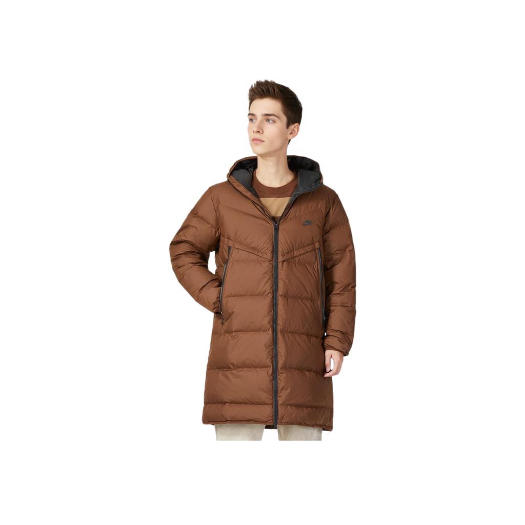 Nike Logo Print Zip-Up Hooded Down Jacket Men Outerwear Brown DV1134-259