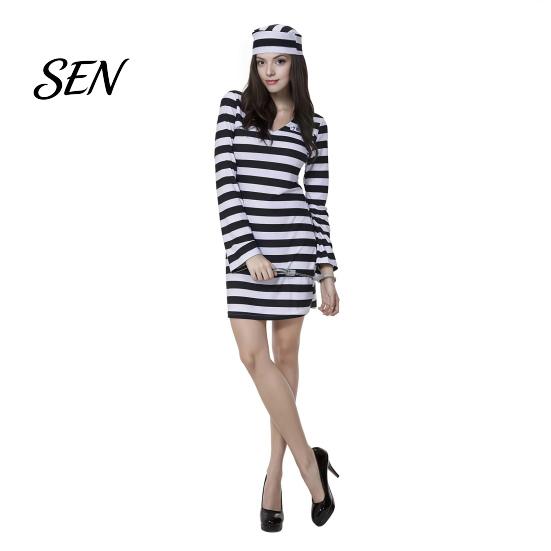 Prison Uniforms Prisoner Costume for Adult, Women Striped Mini Dress, Men Top Pants Pants, Halloween Dress-Up Jail Inmate Uniform with Hat &
