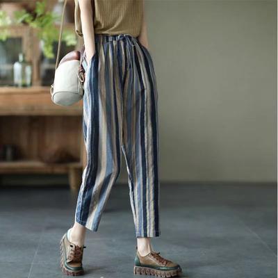 Damen Locker Lässig Gestreifte Hose Dünne Baumwolle Leinen Harlan Sommer Vintage Hose