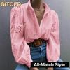 BITCED Damen Mode Lässig Einfarbiger Druck Langarm POLO Kragen Blusen & Hemden