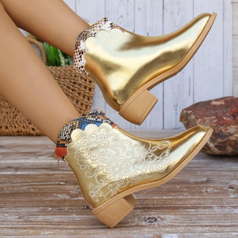 Women's Single Boots Spring and Autumn New Pointy Embroidery Color Matching Short Boots Fashion Increase Non-slip Western Boots