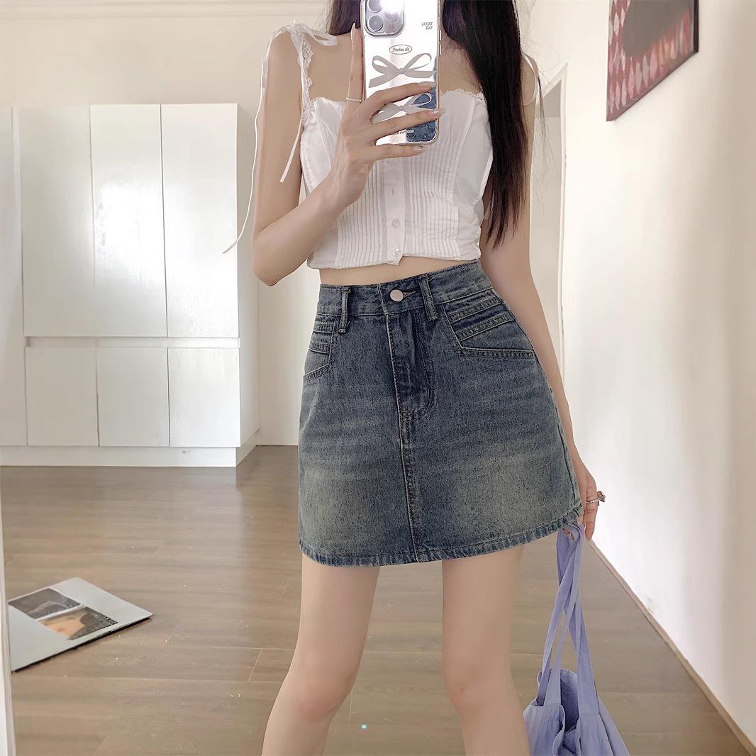 

Women s Retro Distressed Denim Midi Skirt - 2025 Summer High-Waisted Slim Fit A-Line Hip-Hugging Skirt L [55-60 kg]
