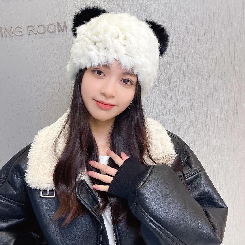 Cute cat ears real rabbit fur hat thickened thermal hat fashionable versatile fur straw hat women's autumn and winter versatile tide