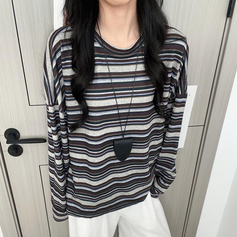 

6 retro striped crew neck bottoming shirt women s spring and autumn loose and thin shirt lazy wind knitted long-sleeved top XL fits 125-70kg