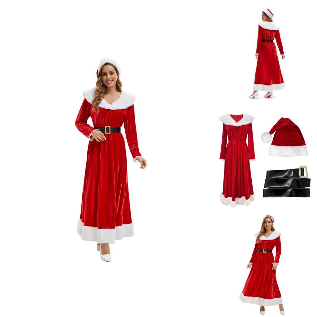 Women Elegant Velvet Long Dress With Hat And Belt For Christmas And Holiday Events