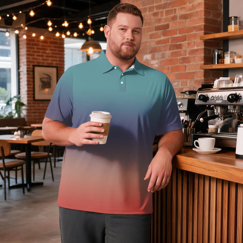Men's Plus Size Gradient Print Polo Shirt Short Sleeve Collared Breathable Top Suitable for Casual and Work Wear