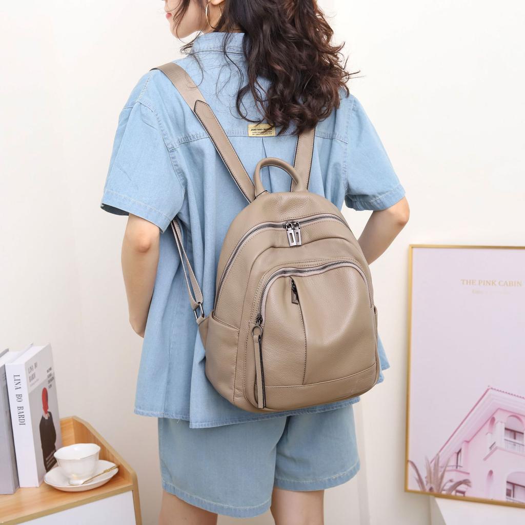 Cowhide Women's Backpack, Solid Color Versatile Fashion Women's Bag, Multi-compartment, Travel Bag, Multi-functional Women's Bag