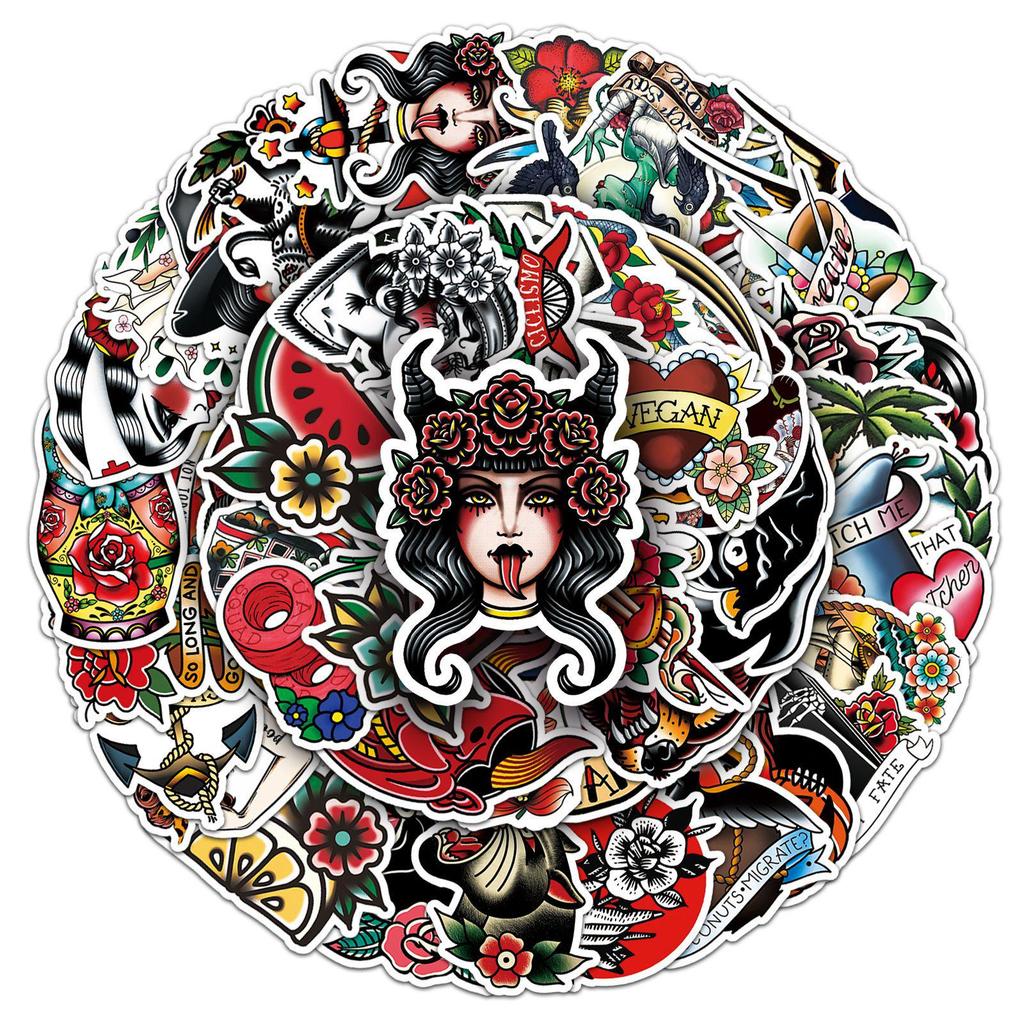 50pcs Cartoon Tattoo Stickers for Notebooks, Luggage, Scooters, Cars, and Motorcycles
