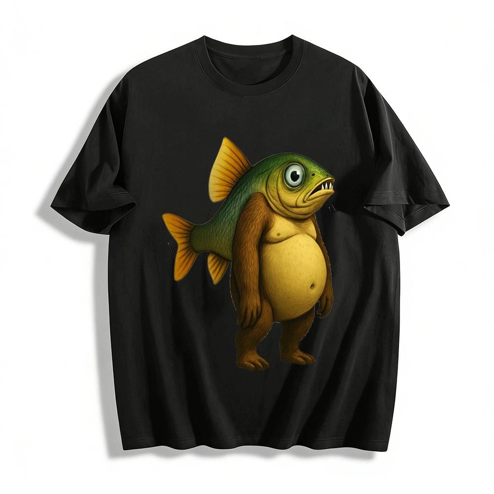 Funny Fish-Orangutan Hybrid Print Casual Short Sleeve Tee Pure cotton T-shirt XXS