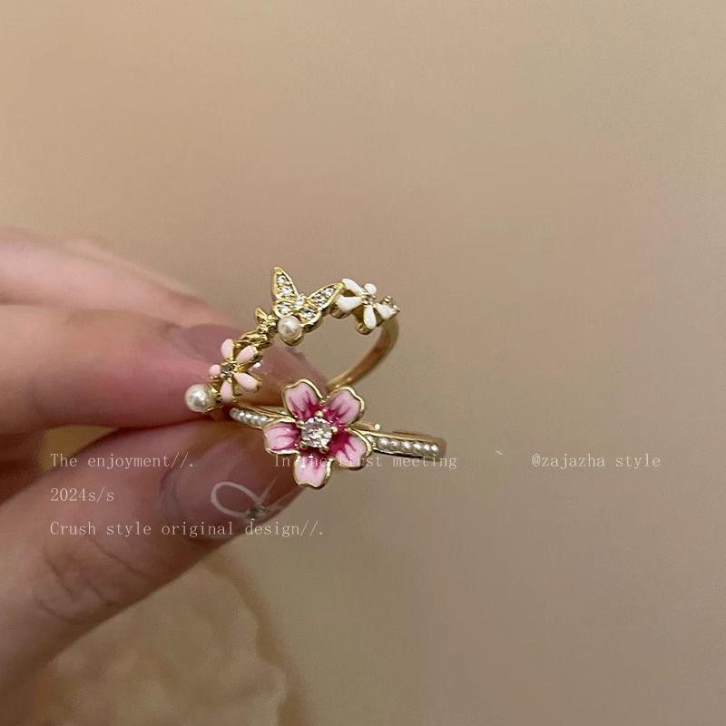 Cherry Blossom Pearl Open Ring for Women - Summer 2024 Fashionable High-End Index Finger Ring