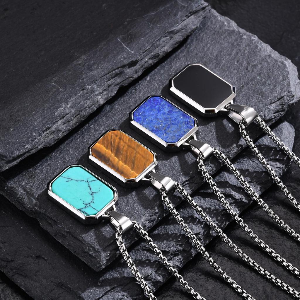 Vnox Natural Stone Pendant Necklaces for Men, Geometric Square Stainless Steel Necklaces Collar, Simple Casual Male Jewelry Gift