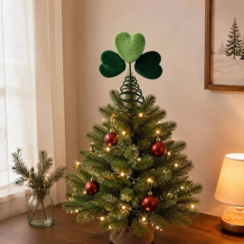 Green Heart Christmas Tree Top Ornament with Soft Textured Finish, Three Decorative Hearts and Tapered Coil Base for Tree-Top and Holiday Displays