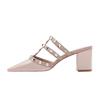 New Nude Patent Leather Thick Heel High Heel Bag Head Half Slippers Women Wear Versatile Rivets Pointed Cool Slippers Summer