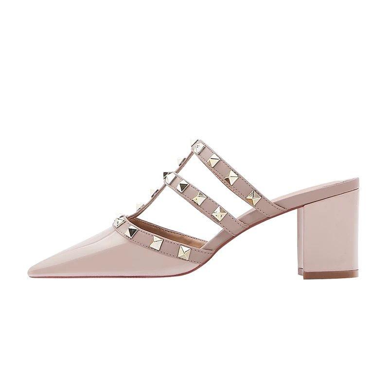 New nude patent leather thick heel high heel bag head half slippers women wear versatile rivets pointed cool slippers summer