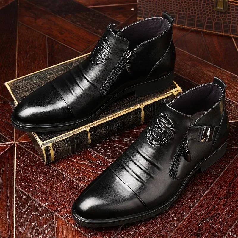 Moda Tênis Masculinos Cano Alto Outono Sapatos Casuais de Couro Masculinos Botas com Zíper Duplo Lado Homem Botins Bico Fino Baixo (1cm-3cm)