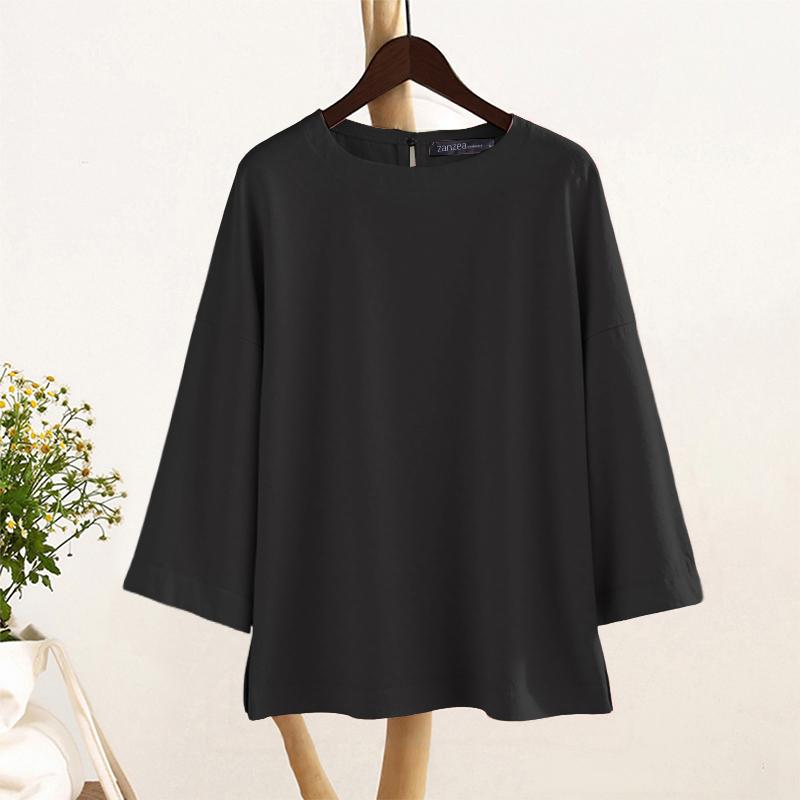 

ZANZEA Women Casual Round Neck Solid Color 3/4 Sleeve Loose Cotton Blouse S чорний