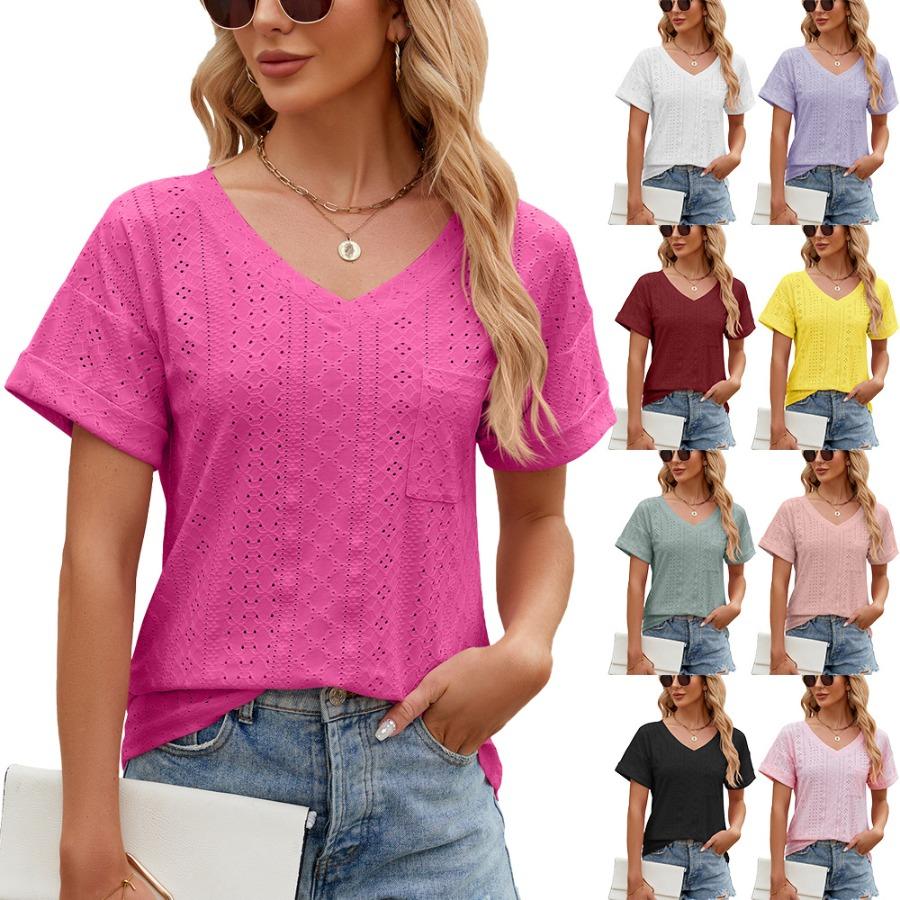 Frühling Sommer Einfarbig Bluse Mode Tasche V-ausschnitt Lose Kurzarm Top für Frauen