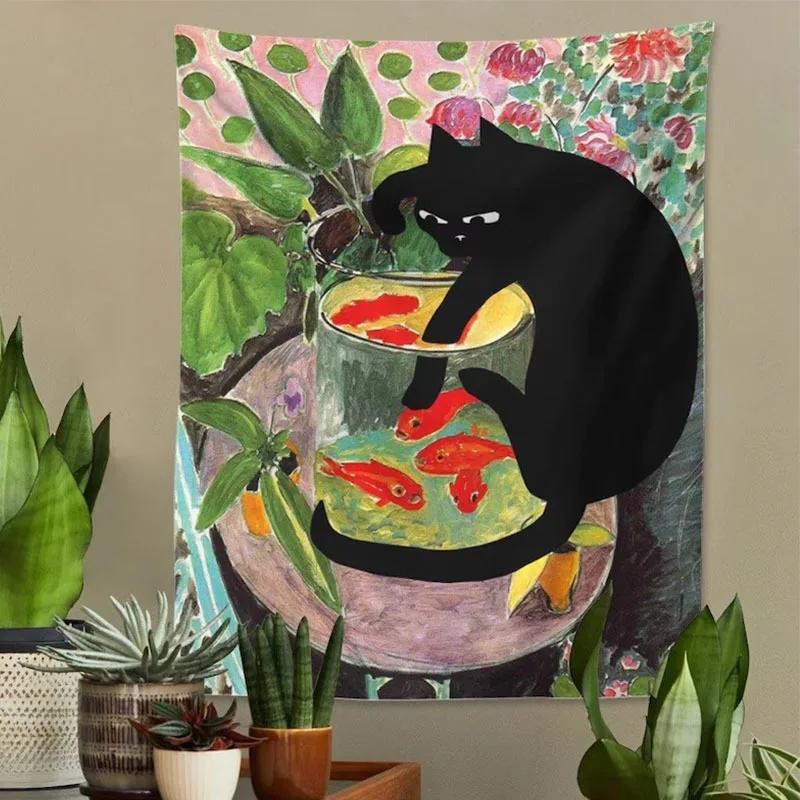 Black Cat Tapestry, Funny Cat Catching Goldfish in a Bowl Art Wall Hanging for Bedroom Living Room Home Decor 100X70CM