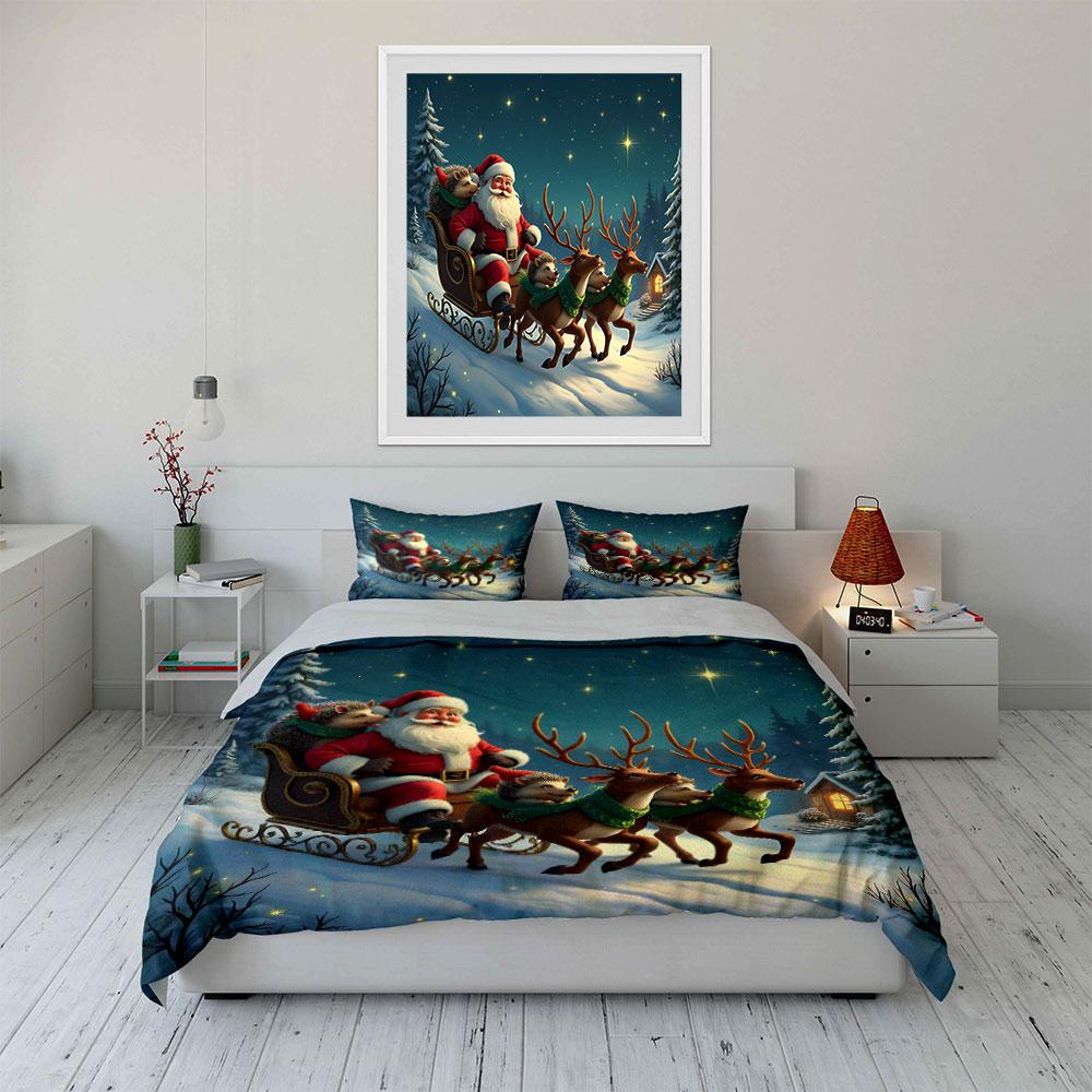 Santa Sleigh with Reindeer Bedding Duvet Cover Set Duvet Cover Pillowcases  (1*Duvet Cover 2*Pillowcases, without duvet insert)