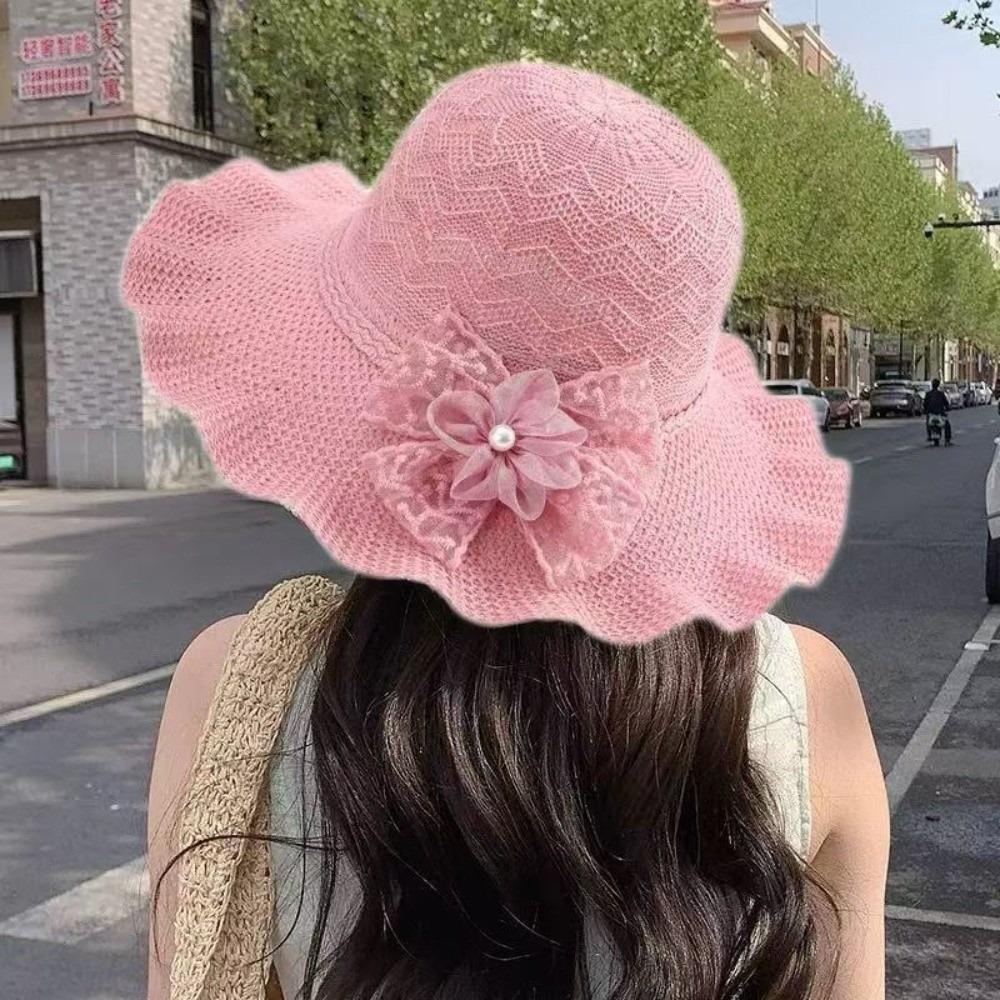 Solid Color Weave Bucket Hat Lace Bow Beach Sun Hat Casual Wide Brim Knitted Hat Girls