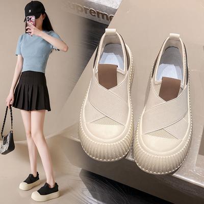 Chaussures blanches pour femmes, chaussures d'été en toile et maille respirante, chaussures à semelles épaisses à enfiler pour femmes