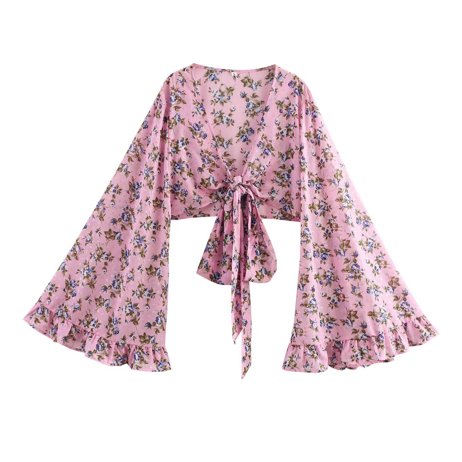 

2025 Spring Women s European & American Style Floral Two-Way Short Top Small цветочный