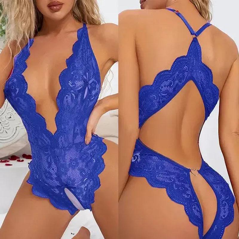 Sexy Women's Crotchless Red Underwear Lace Hollow Backless Bra Sets Teddy Erotic Costume Deep V Open Bra Bow Women Lingerie Set