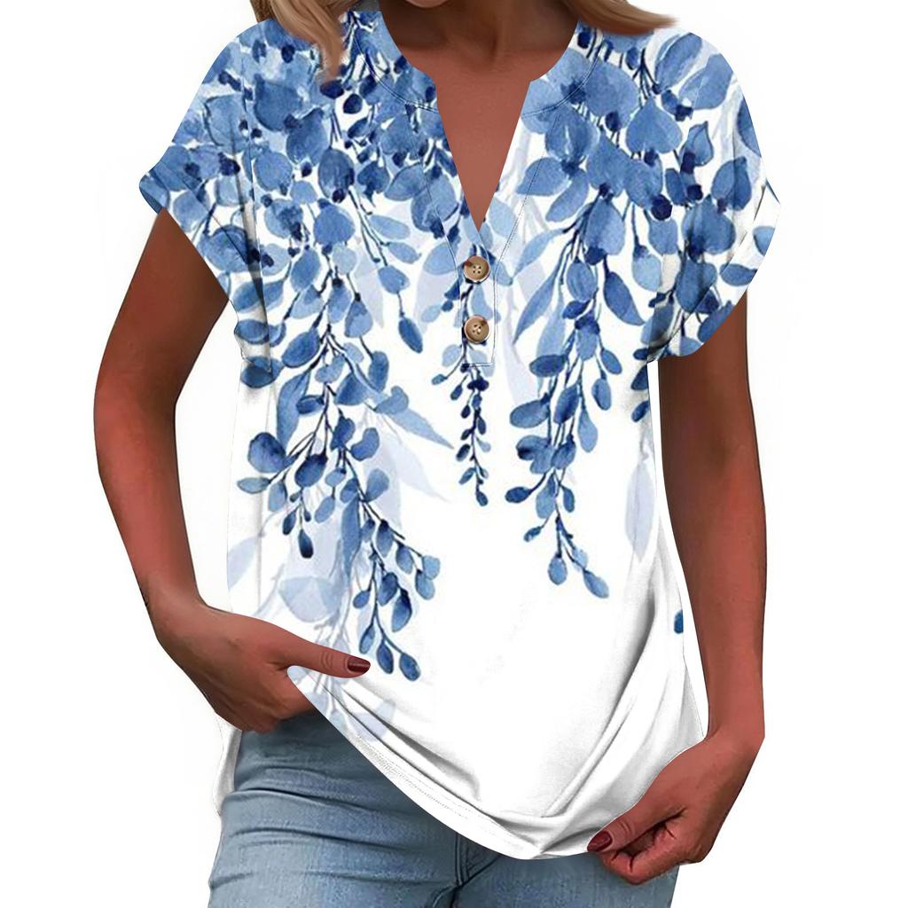 Women's Fashionable Casual Loose-Fit Short-Sleeved Button-Up V-Neck Printed T-Shirt Top