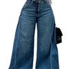 Weit geschnittene Patchwork Schlagjeans für Damen - Y2K Blaue Waschung mit Fransen