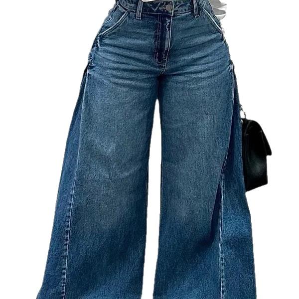 Weit geschnittene Patchwork Schlagjeans für Damen - Y2K Blaue Waschung mit Fransen