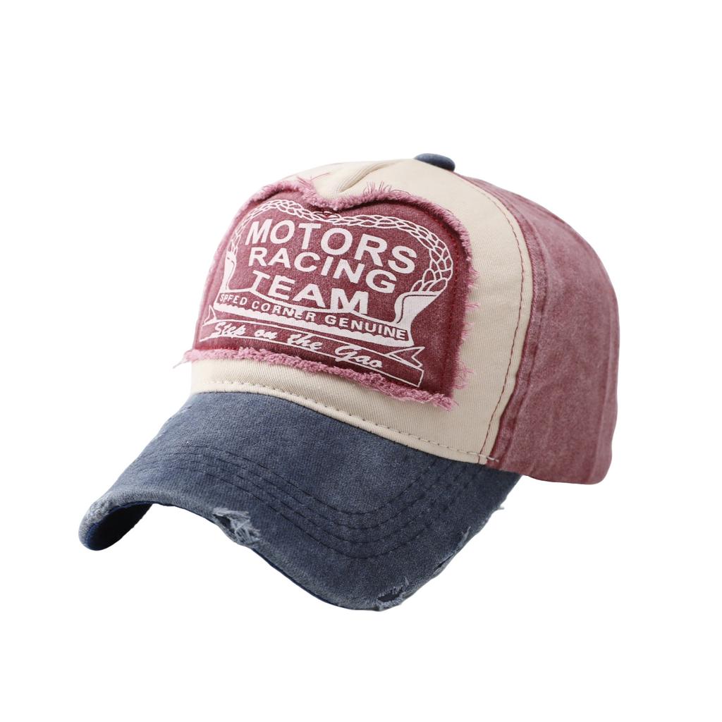 MOTO color-blocked baseball caps for women, American vintage distressed baseball caps, men's large head circumference, deepened hip-hop caps